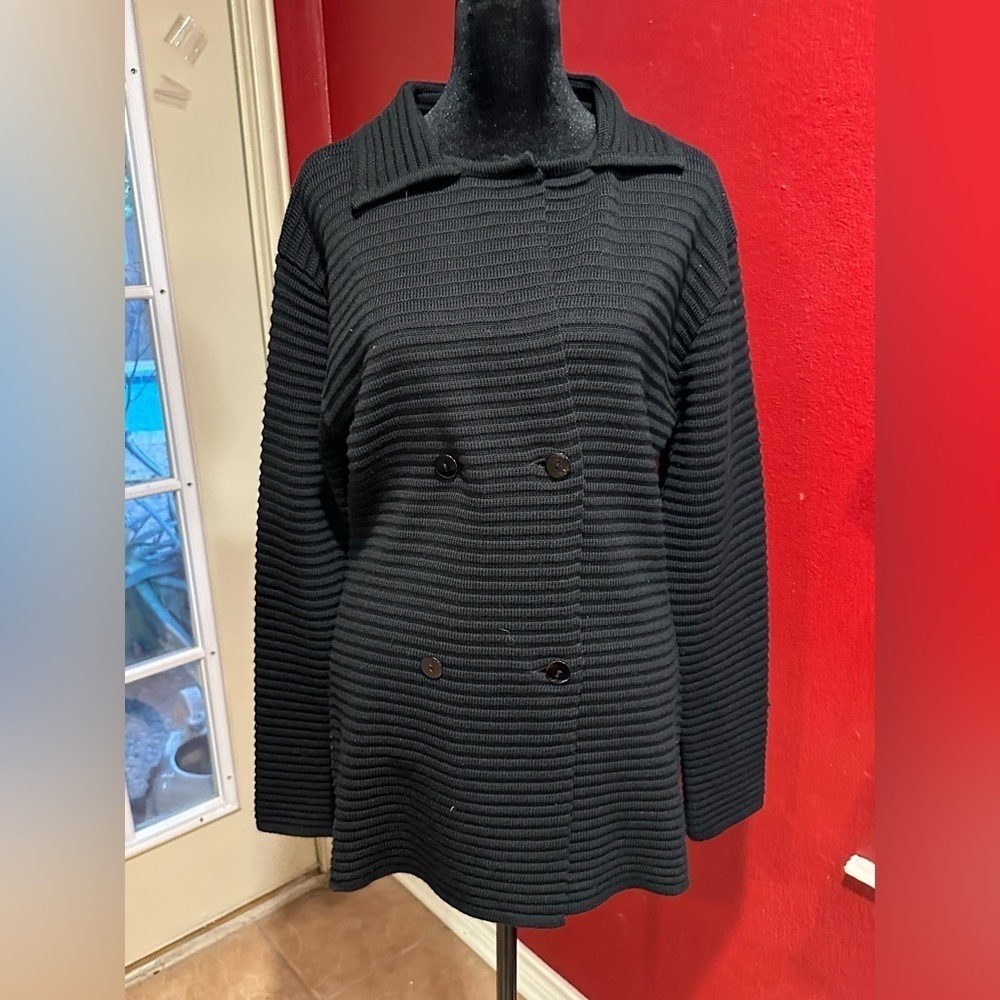 Italian Merino Wool Blend Black Knit Double Breasted Cardigan Jacket L - Picture 12 of 14